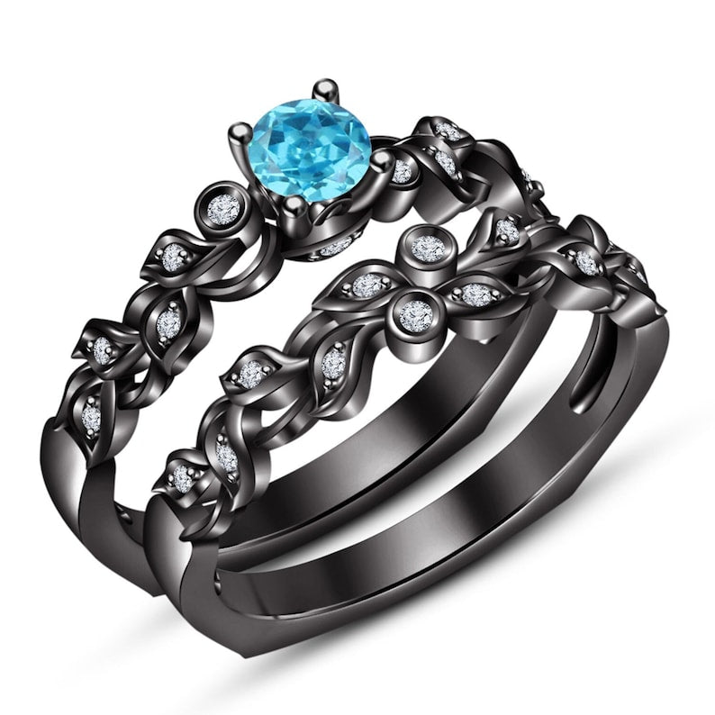 Bridal Ring Set — Round Cut London Blue Topaz, Black Gold Finish, 925 Sterling Silver (2-Piece)