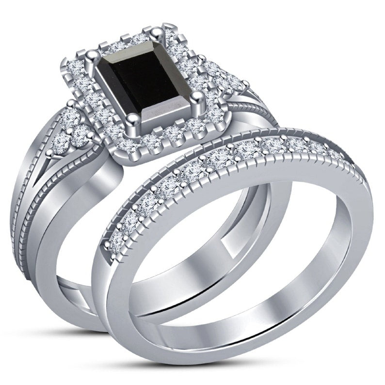 Bridal Ring Set — Solitaire Black Diamond, White Gold Finish, 925 Sterling Silver (2-Piece)