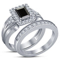 Bridal Ring Set — Solitaire Black Diamond, White Gold Finish, 925 Sterling Silver (2-Piece)