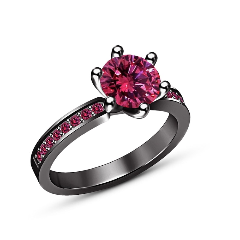 Bridal Ring Set — Round Cut Pink Sapphire, Black Gold Finish, 925 Sterling Silver (2-Piece)