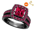 Bridal Ring Set — Princess & Round Cut Pink Sapphire, Black Gold Finish, 925 Sterling Silver (2-Piece)