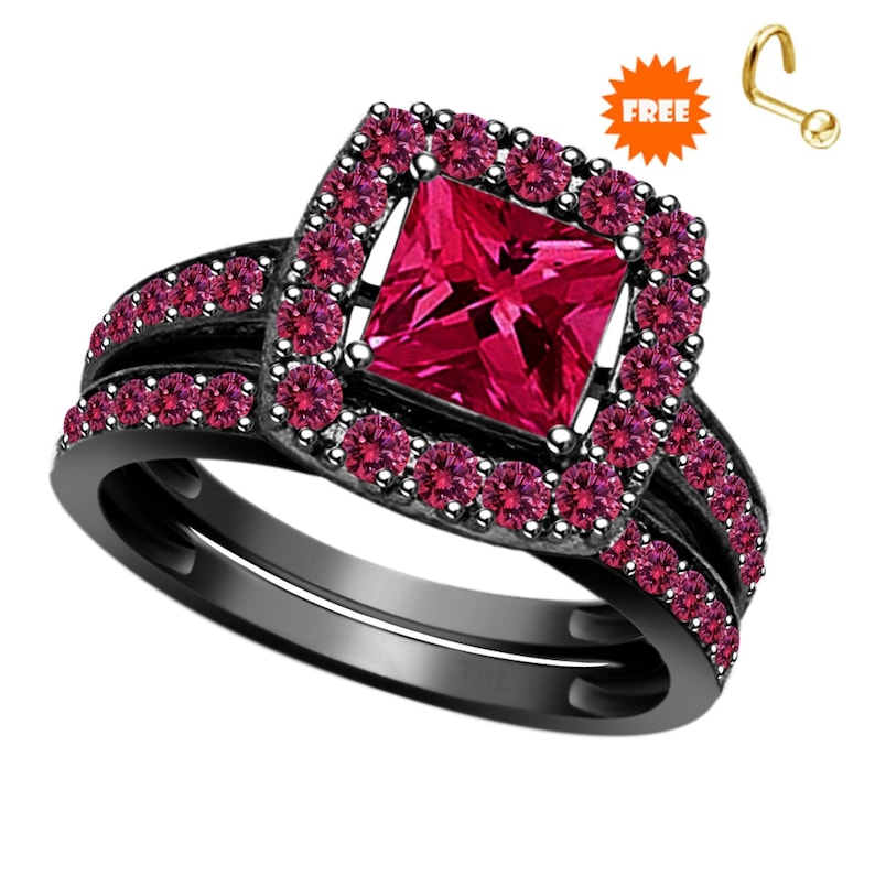 Bridal Ring Set — Princess & Round Cut Pink Sapphire, Black Gold Finish, 925 Sterling Silver (2-Piece)
