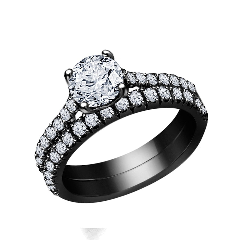 Bridal Ring Set — Round Cut Diamond, Black Gold Finish, 925 Sterling Silver (2-Piece)