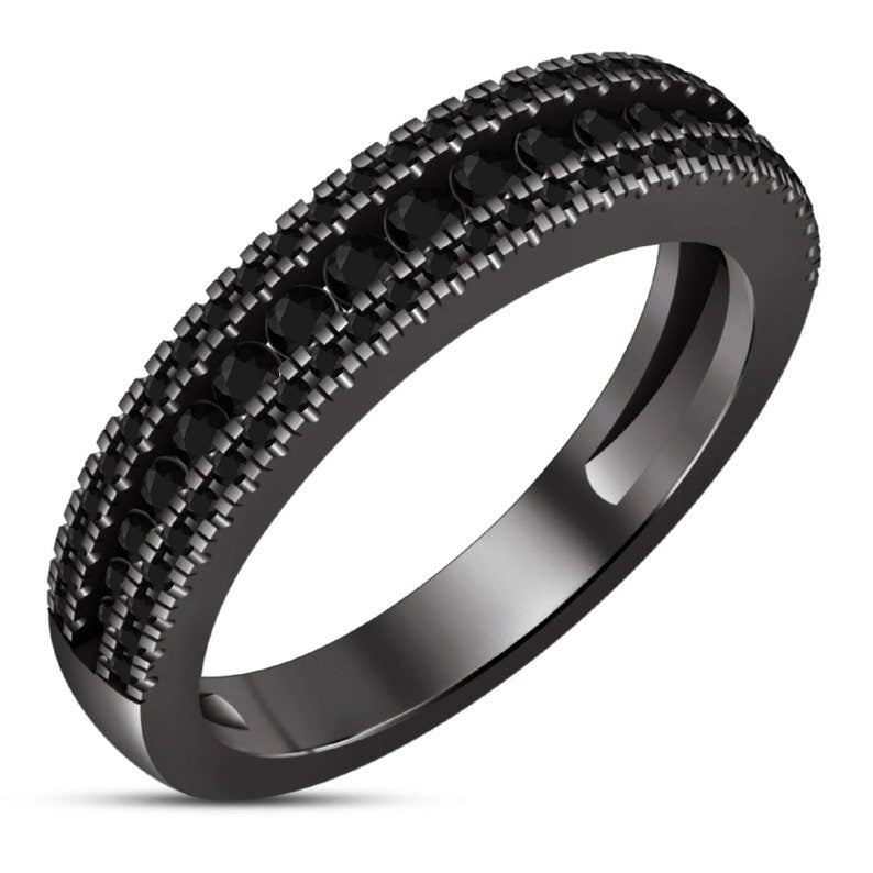 Bridal Ring Set — Black Round Cut Diamond, Black Gold Finish, 925 Sterling Silver (2-Piece)