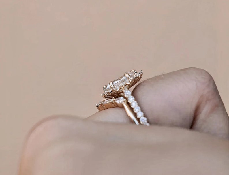 Bridal Ring Set — Marquise Cut Moissanite with Chevron Band, Yellow Gold Finish, 925 Sterling Silver (2-Piece)