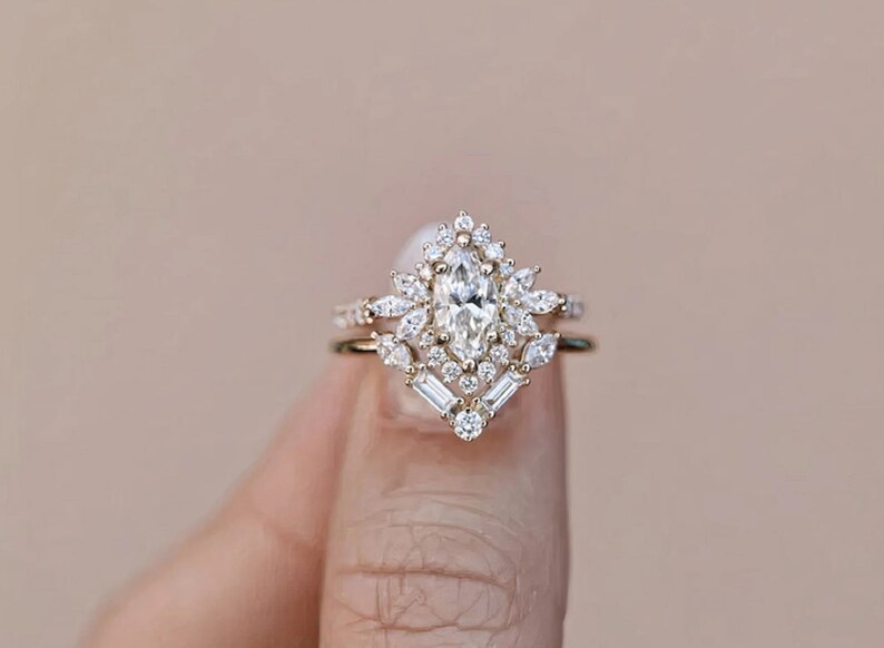 Bridal Ring Set — Marquise Cut Moissanite with Chevron Band, Yellow Gold Finish, 925 Sterling Silver (2-Piece)