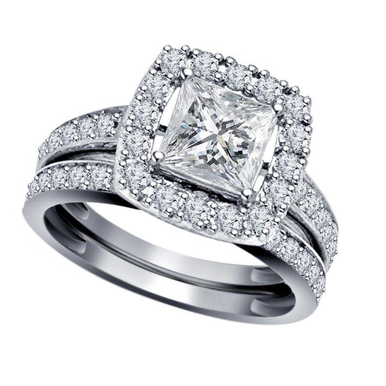 Bridal Ring Set — Vintage Princess Cut Moissanite, Rose Gold Finish, 925 Sterling Silver (2-Piece)