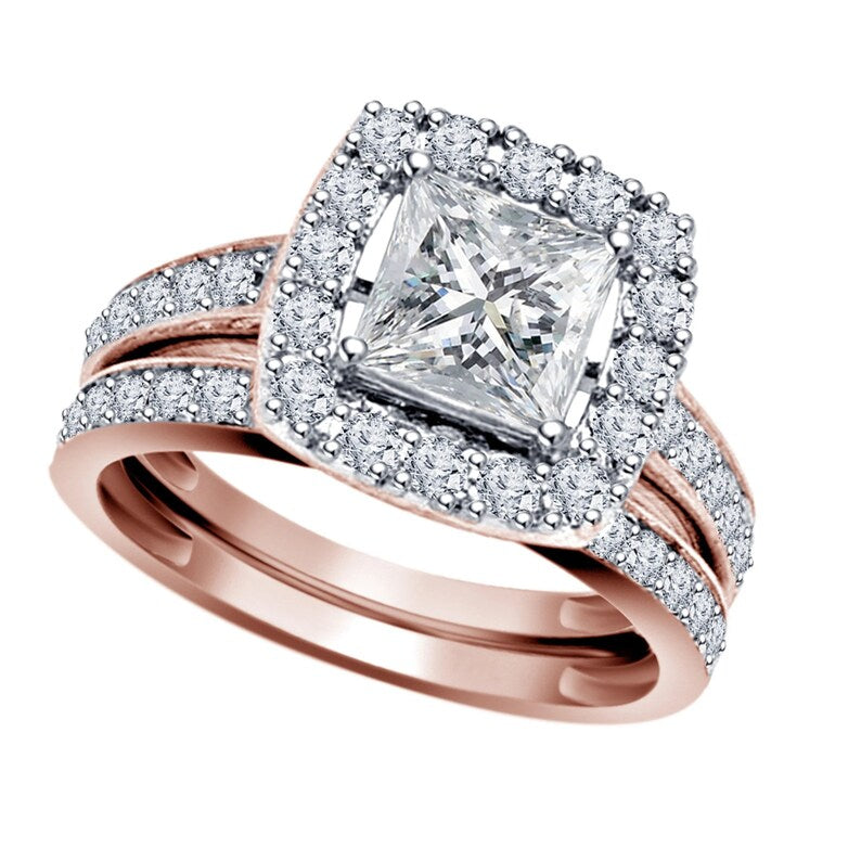 Bridal Ring Set — Vintage Princess Cut Moissanite, Rose Gold Finish, 925 Sterling Silver (2-Piece)