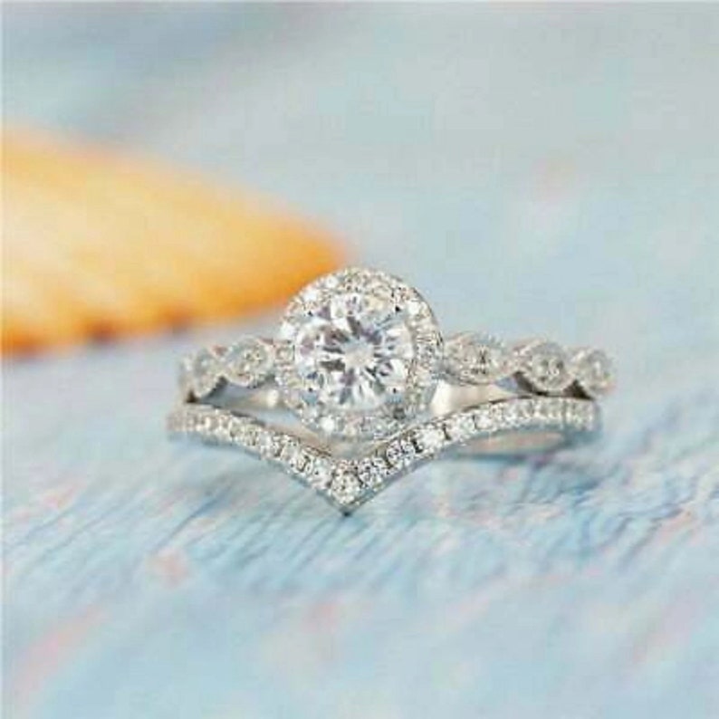 Bridal Ring Set — Round Cut Halo Diamond, White Gold Finish, 925 Sterling Silver (2-Piece)