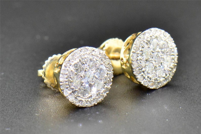 Stud Earrings — Round Moissanite Multi-Stone, Yellow Gold Finish, 925 Sterling Silver