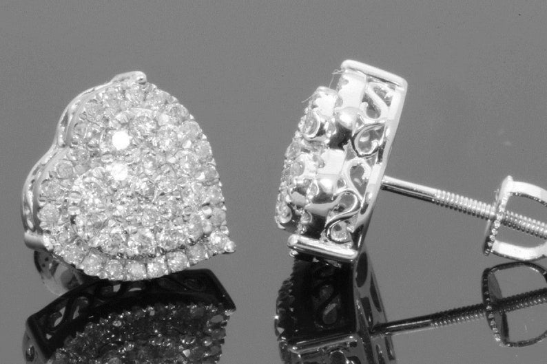 Stud Earrings — Love Heart Cluster Moissanite, White Gold Finish, 925 Sterling Silver