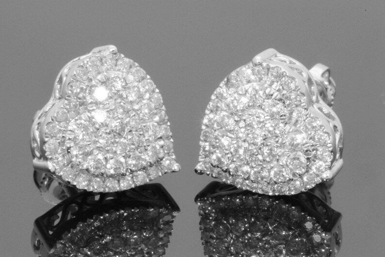 Stud Earrings — Love Heart Cluster Moissanite, White Gold Finish, 925 Sterling Silver