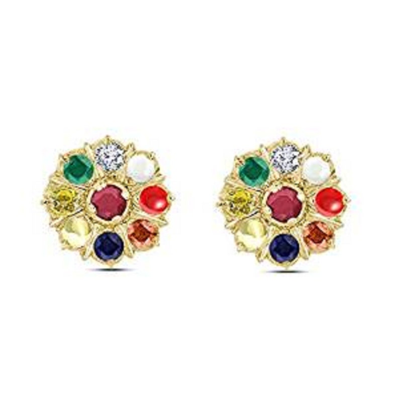 Stud Earrings — Navratna Nine Gemstone, Yellow Gold Finish, 925 Sterling Silver
