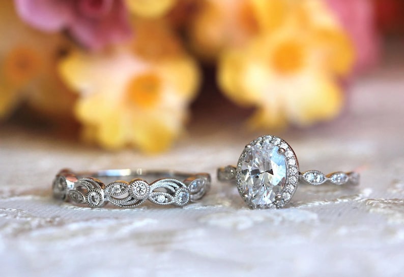 Bridal Ring Set — Oval Cut Moissanite, White Gold Finish, 925 Sterling Silver (2-Piece)