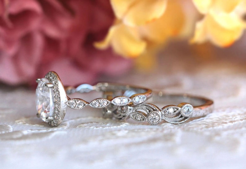 Bridal Ring Set — Oval Cut Moissanite, White Gold Finish, 925 Sterling Silver (2-Piece)