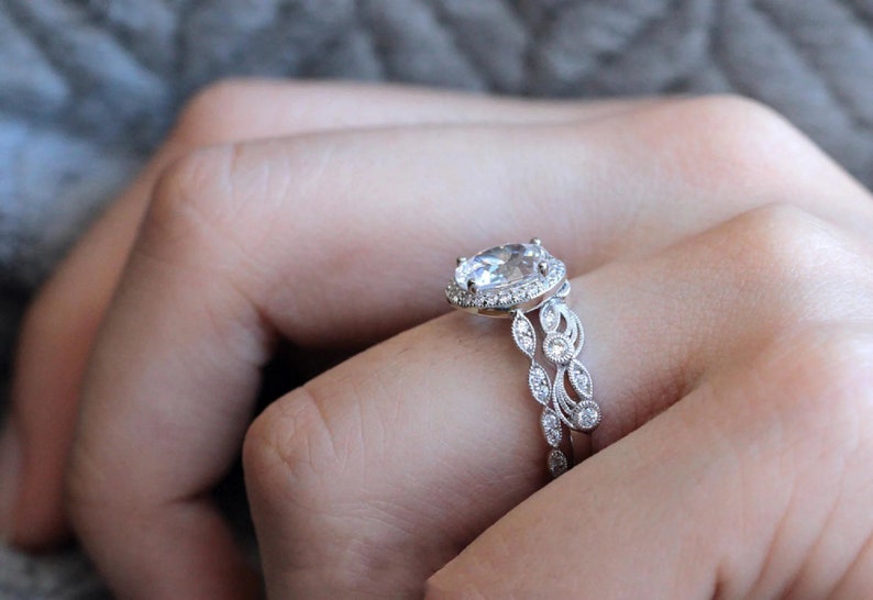 Bridal Ring Set — Oval Cut Moissanite, White Gold Finish, 925 Sterling Silver (2-Piece)
