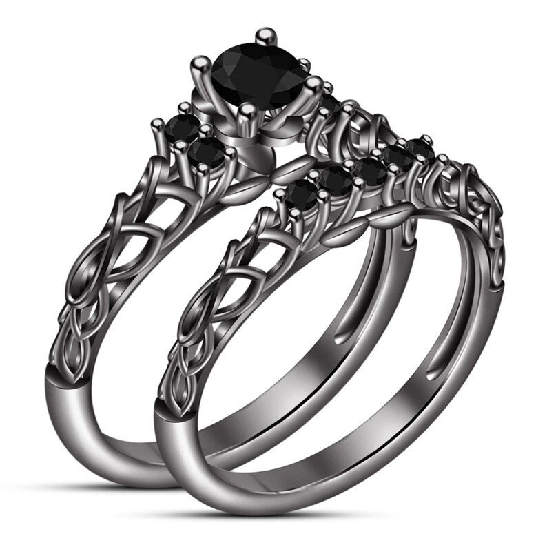 Bridal Ring Set — Round Cut Black Diamond, Black Rhodium Finish, 925 Sterling Silver (2-Piece)