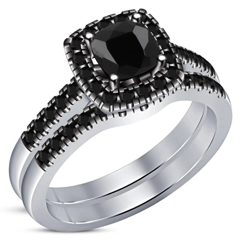 Bridal Ring Set — Cushion Cut White Moissanite, White Gold Finish, 925 Sterling Silver (2-Piece)