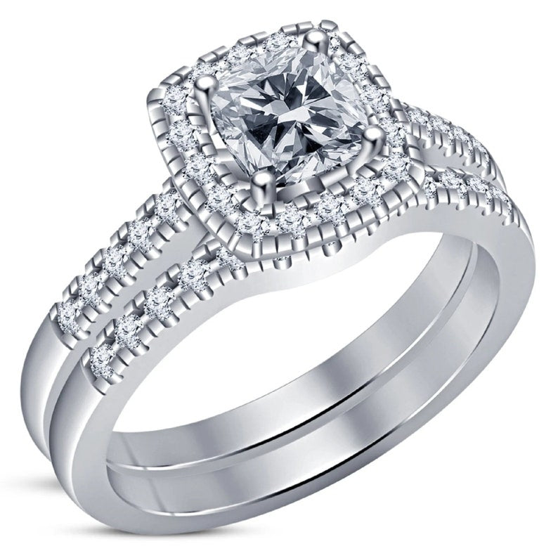 Bridal Ring Set — Cushion Cut White Moissanite, White Gold Finish, 925 Sterling Silver (2-Piece)