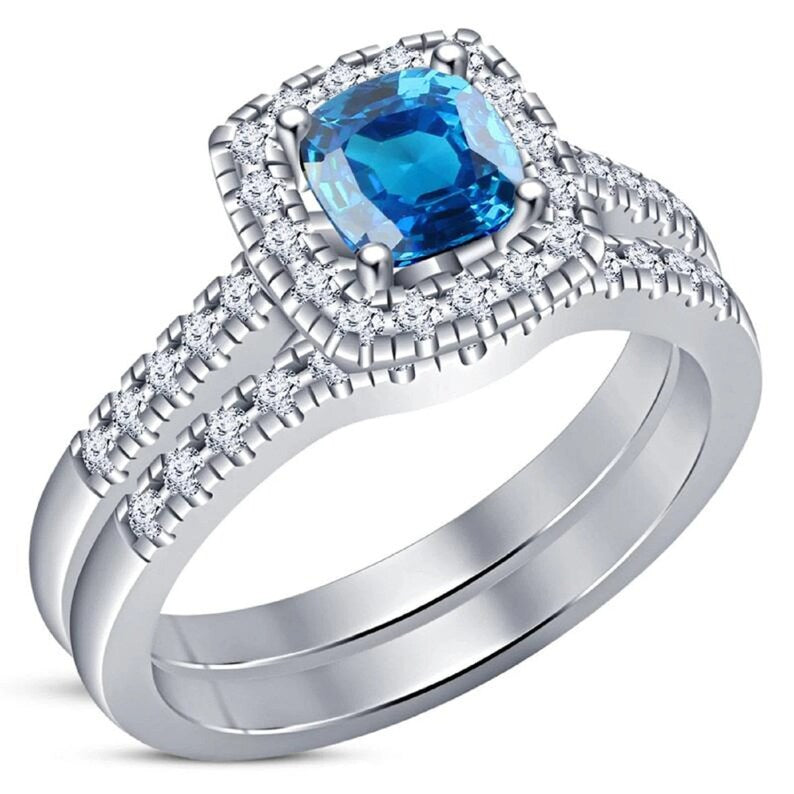 Bridal Ring Set — Cushion Cut White Moissanite, White Gold Finish, 925 Sterling Silver (2-Piece)