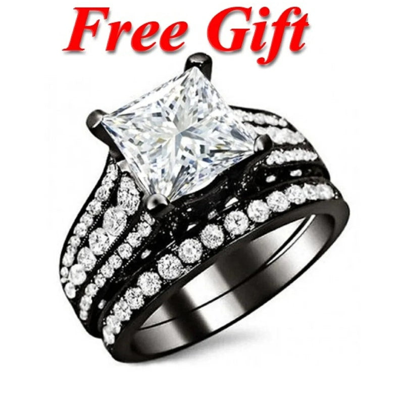 Bridal Ring Set — Princess Cut Moissanite, Black Gold Finish, 925 Sterling Silver (2-Piece)