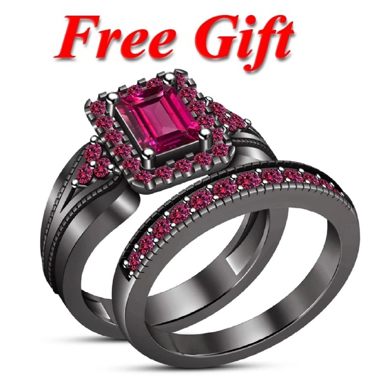 Bridal Ring Set — Pink Sapphire Emerald Cut