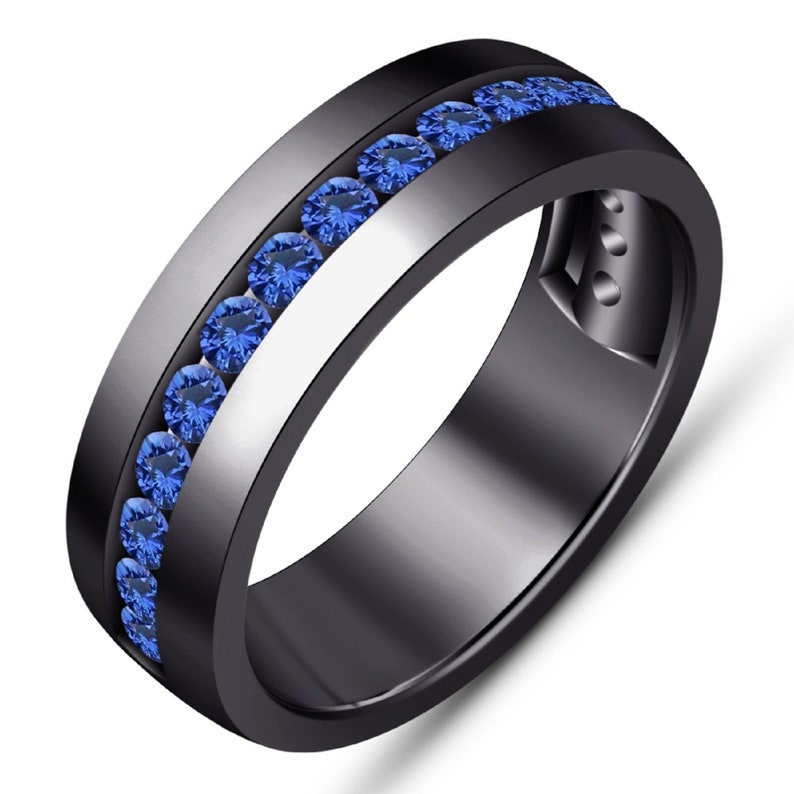 Men's Ring — September Birthstone Blue Sapphire, Black Gold Finish, 925 Sterling Silver