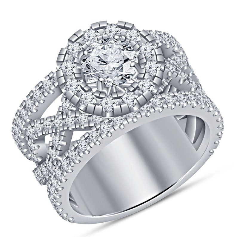 Bridal Ring Set — Round Cut Moissanite, White Gold Finish, 925 Sterling Silver (2-Piece)