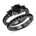 Bridal Ring Set — Round Cut Black Diamond, Yellow Gold Finish, 925 Sterling Silver (2-Piece)