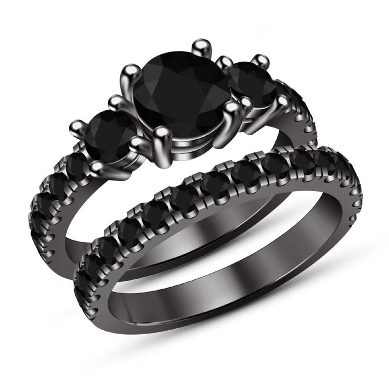 Bridal Ring Set — Round Cut Black Diamond, Yellow Gold Finish, 925 Sterling Silver (2-Piece)