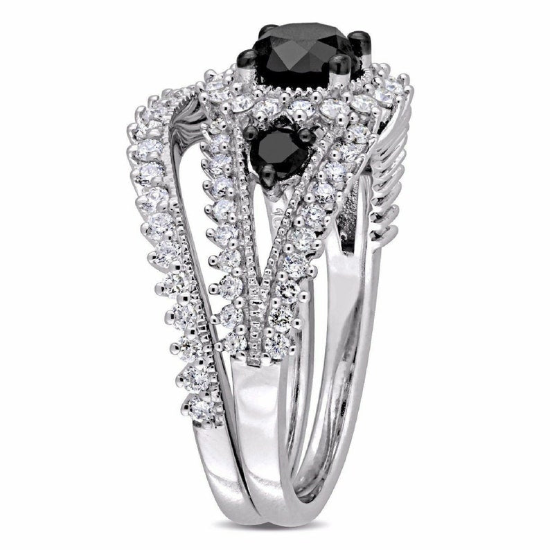 Bridal Ring Set — 1.87 Carat Round Cut Black Diamond, White Gold Finish, 925 Sterling Silver (2-Piece)