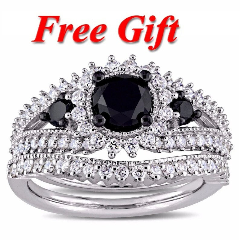 Bridal Ring Set — 1.87 Carat Round Cut Black Diamond, White Gold Finish, 925 Sterling Silver (2-Piece)