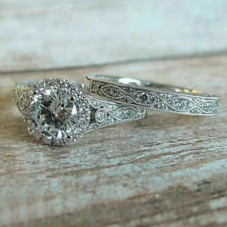 Bridal Ring Set — Round Cut Moissanite, White Gold Finish, 925 Sterling Silver (2-Piece)