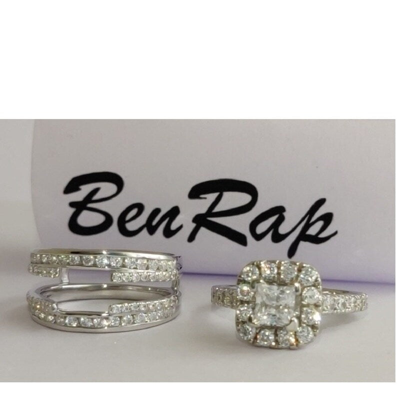 Bridal Ring Set — Princess Cut Wrap Moissanite, White Gold Finish, 925 Sterling Silver (2-Piece)