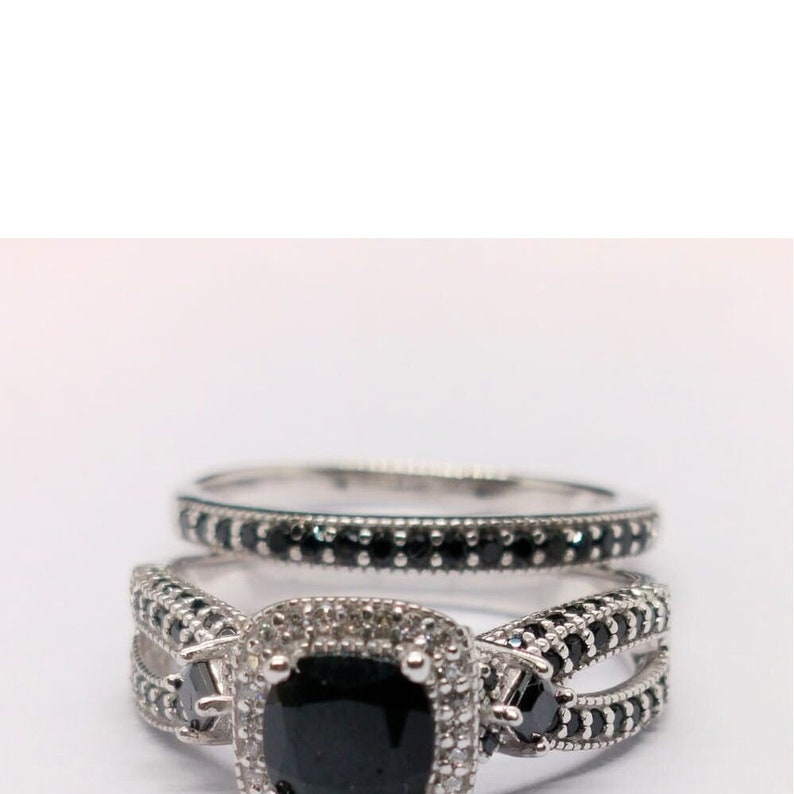Bridal Ring Set — Black Cushion Cut