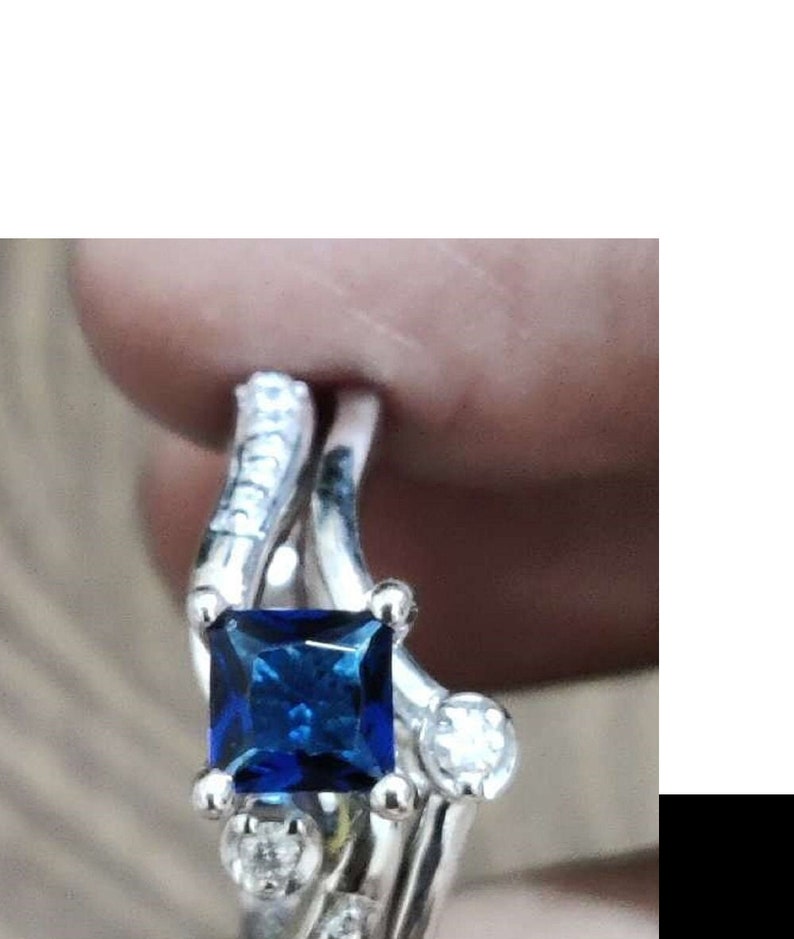 Bridal Ring Set — Princess Cut Blue Sapphire Square, White Gold Finish, 925 Sterling Silver (2-Piece)