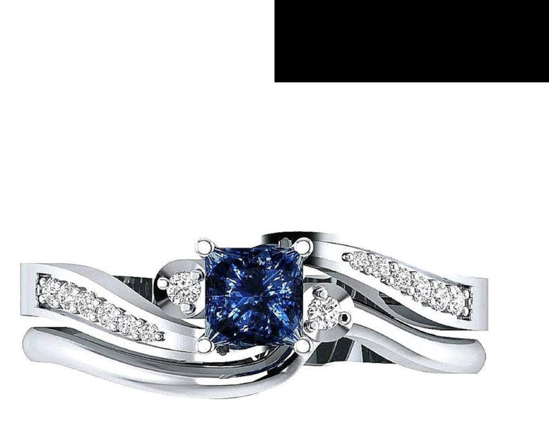 Bridal Ring Set — Princess Cut Blue Sapphire Square, White Gold Finish, 925 Sterling Silver (2-Piece)