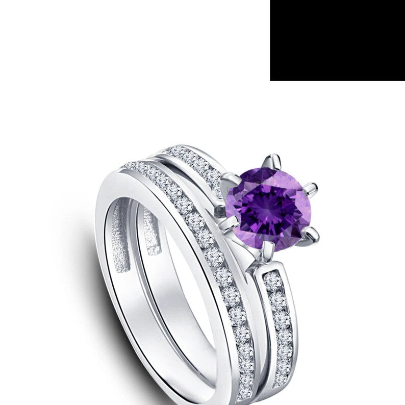 Bridal Ring Set — Purple Amethyst Birthstone, White Gold Finish, 925 Sterling Silver (2-Piece)