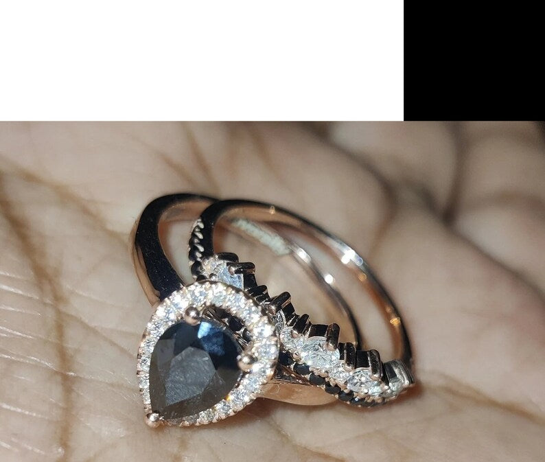 Bridal Ring Set — Sapphire Pear Shaped, Rose Gold Finish, 925 Sterling Silver (2-Piece)