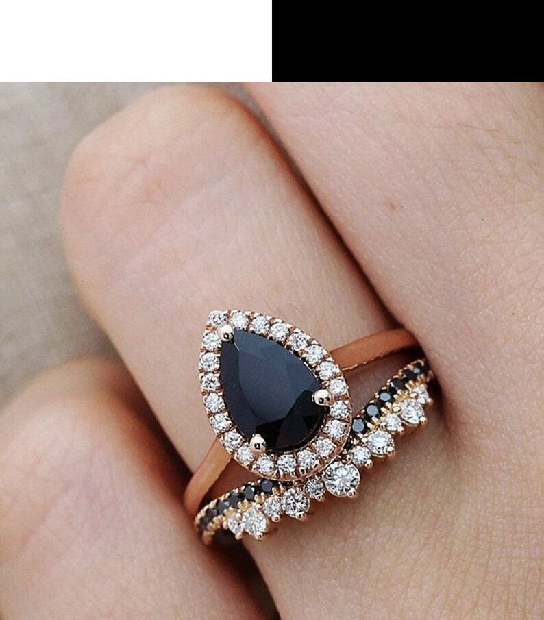 Bridal Ring Set — Sapphire Pear Shaped, Rose Gold Finish, 925 Sterling Silver (2-Piece)