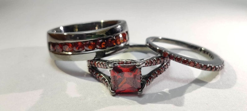Bridal Trio Ring Set — Princess Cut Red Garnet, Black Gold Finish, 925 Sterling Silver (3-Piece) - view 2