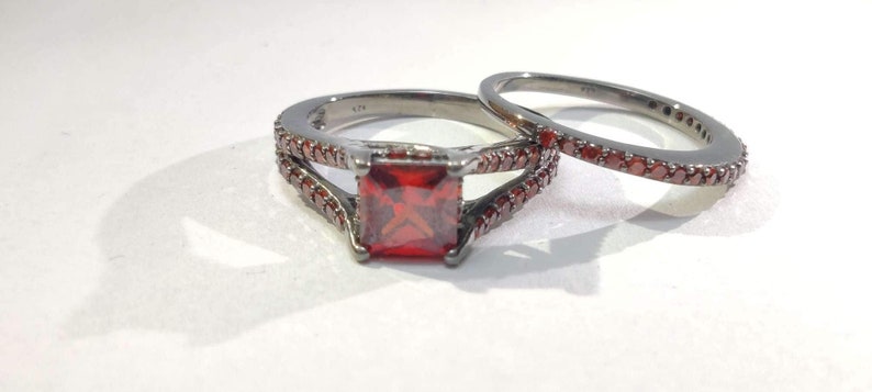 Bridal Trio Ring Set — Princess Cut Red Garnet, Black Gold Finish, 925 Sterling Silver (3-Piece) - view 4
