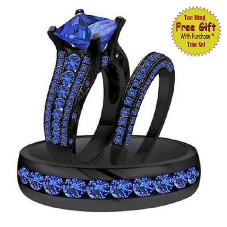 Bridal Trio Ring Set — Princess Cut Blue Sapphire, Black Gold Finish, 925 Sterling Silver (3-Piece) - view 1