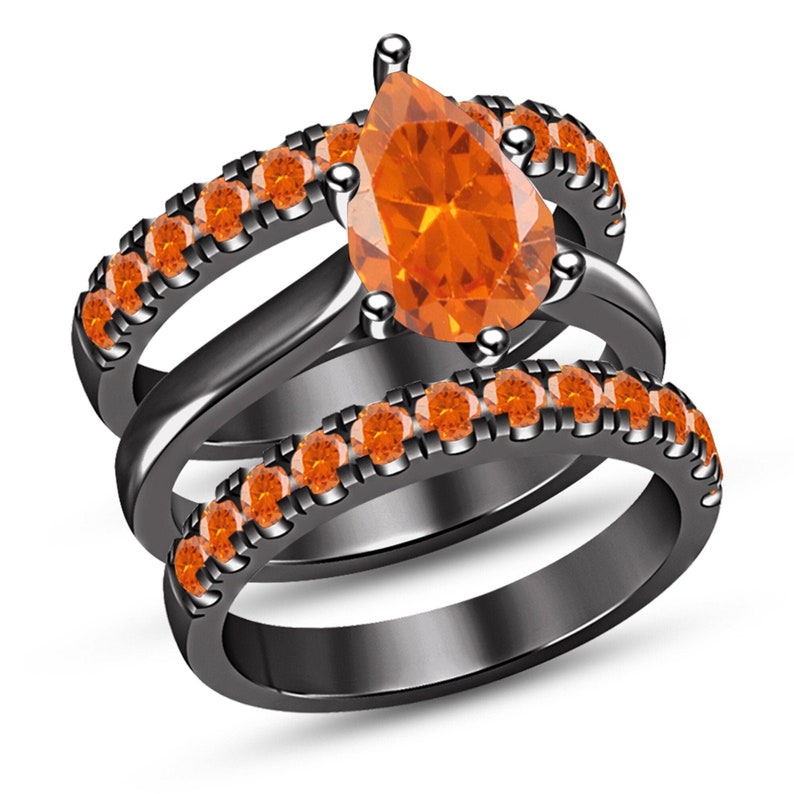 Bridal Ring Set — Orange Sapphire Pear Cut