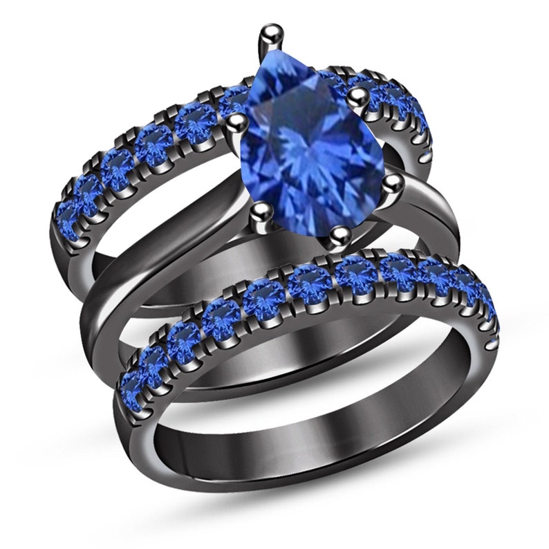 Bridal Ring Set — Blue Sapphire Pear Cut, Black Gold Finish, 925 Sterling Silver (2-Piece)