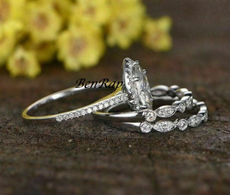 Bridal Ring Set — Marquise Cut Solitaire Moissanite, White Gold Finish, 925 Sterling Silver (2-Piece)
