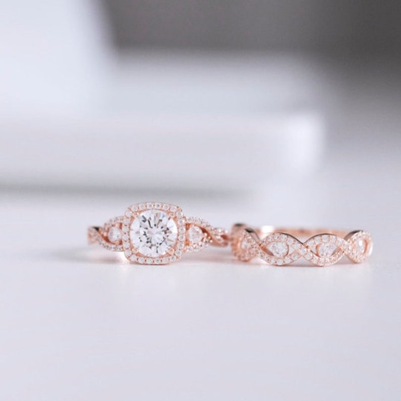 Bridal Ring Set — Infinity Twist Half Eternity Moissanite, Rose Gold Finish, 925 Sterling Silver (2-Piece)