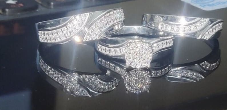 Bridal Trio Ring Set - Bride and Groom, 1.10 Ct Diamond, White Gold Finish
