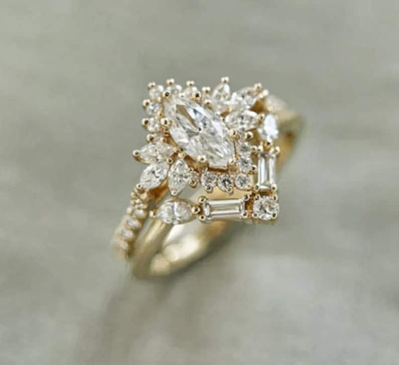 Bridal Ring Set — Antique Marquise Cut Diamond, Yellow Gold Finish, 925 Sterling Silver (2-Piece)