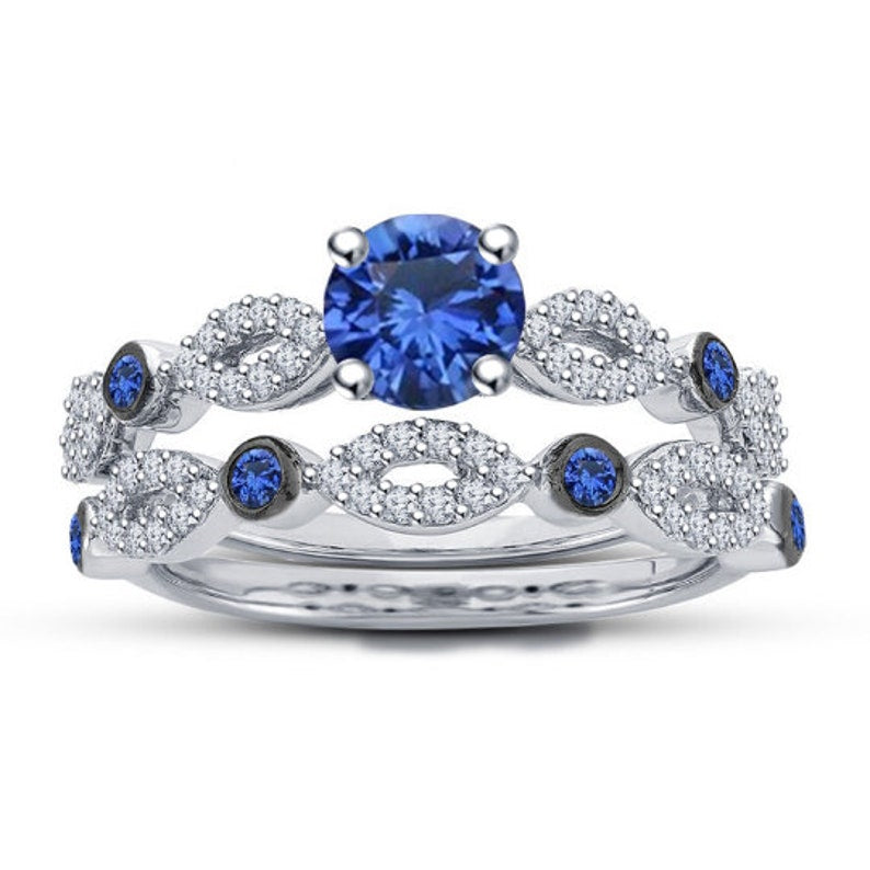 Bridal Ring Set — Blue Sapphire Art Deco, White Gold Finish, 925 Sterling Silver (2-Piece)